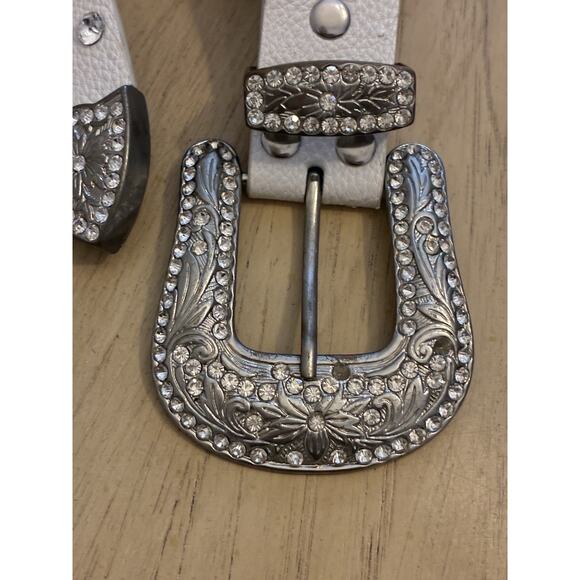 Y2K White Leather Rhinestone Studded Belt Western Bling Silver Buckle Cowgirl M main image 10
